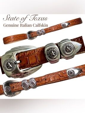 Fullerton Genuine Italian Calfskin State of Texas Buckle Belt Western Cowboy